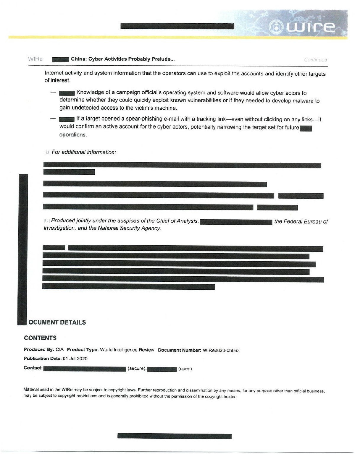 Scan of CIA WIRe Memo — China: Cyber Activities Probably Prelude to Election Espionage (1 July 2020), page 2