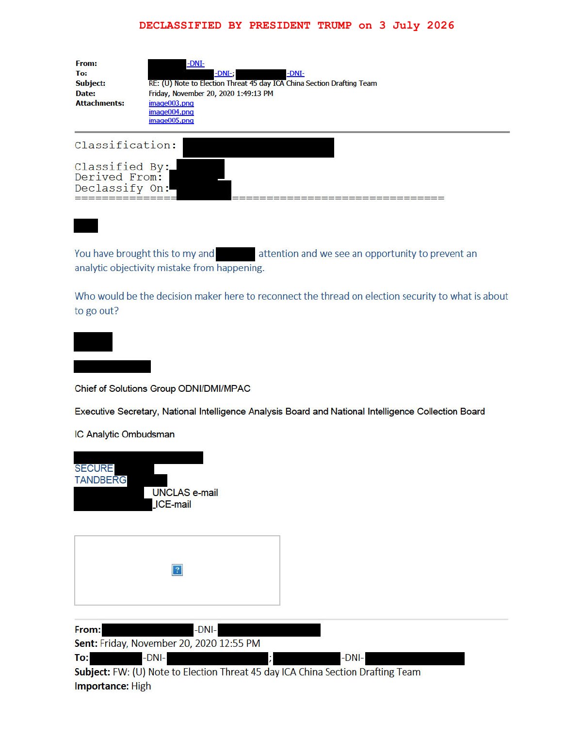 Scan of Email — NSA "Deliberately Massaged" Pending Election PDB (20 November 2020), page 1