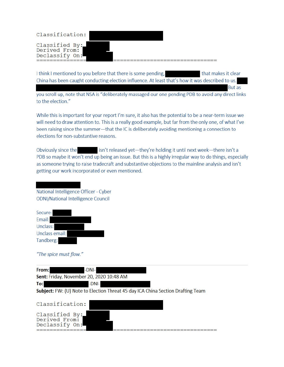 Scan of Email — NSA "Deliberately Massaged" Pending Election PDB (20 November 2020), page 2