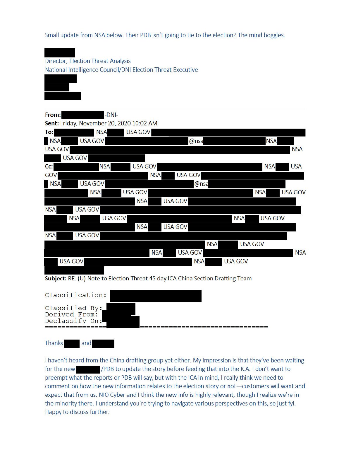 Scan of Email — NSA "Deliberately Massaged" Pending Election PDB (20 November 2020), page 3