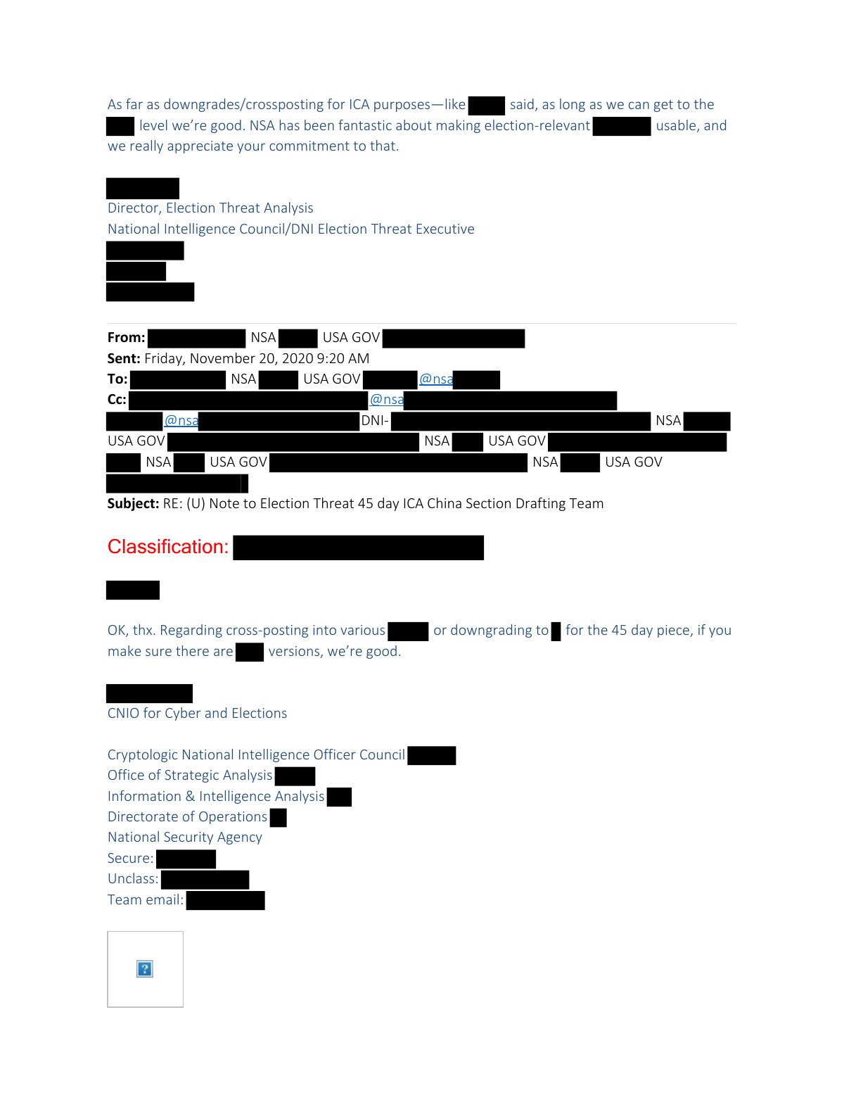 Scan of Email — NSA "Deliberately Massaged" Pending Election PDB (20 November 2020), page 4