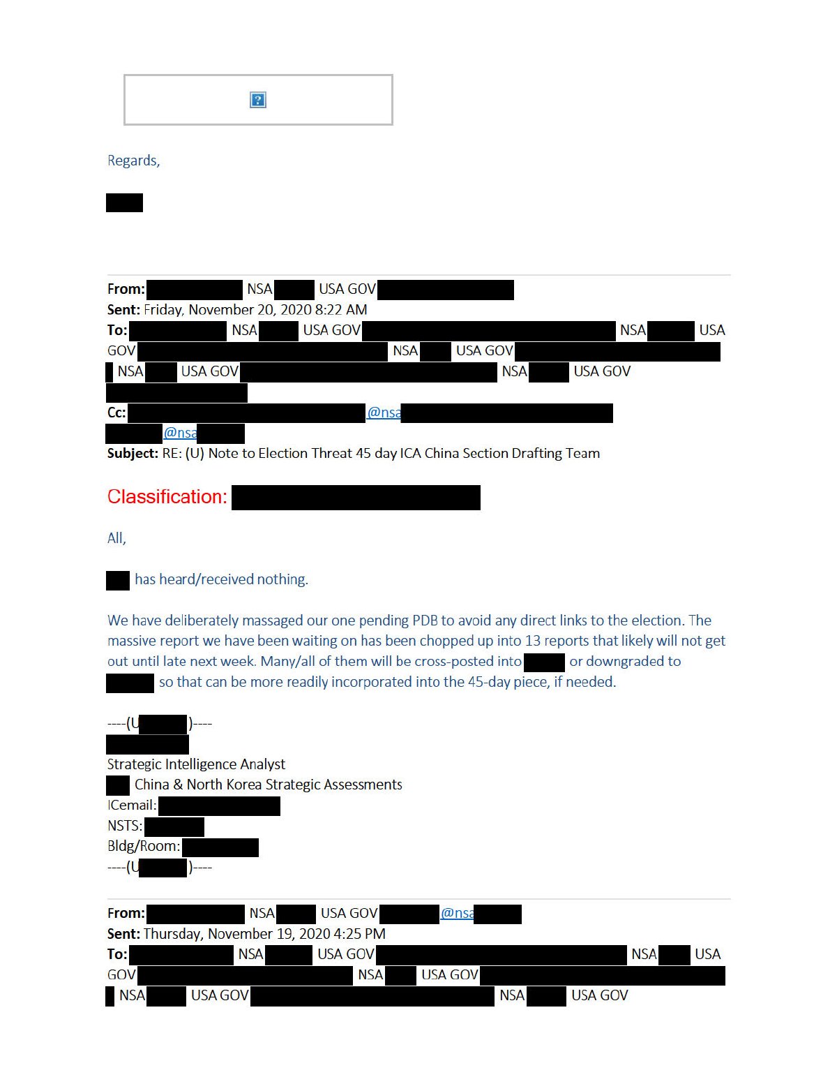 Scan of Email — NSA "Deliberately Massaged" Pending Election PDB (20 November 2020), page 5