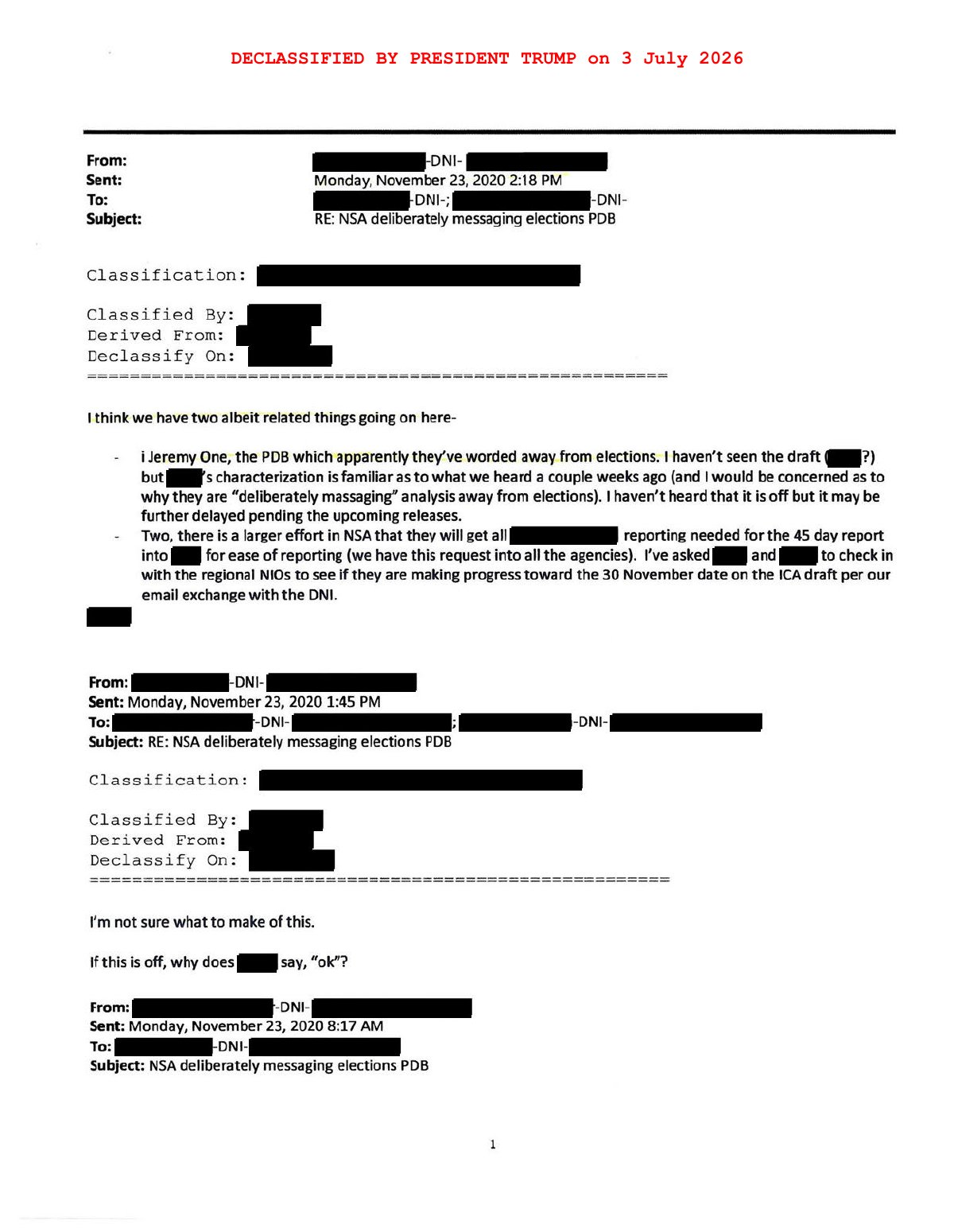 Scan of Email — NSA Deliberately Messaging Elections PDB (23 November 2020), page 1