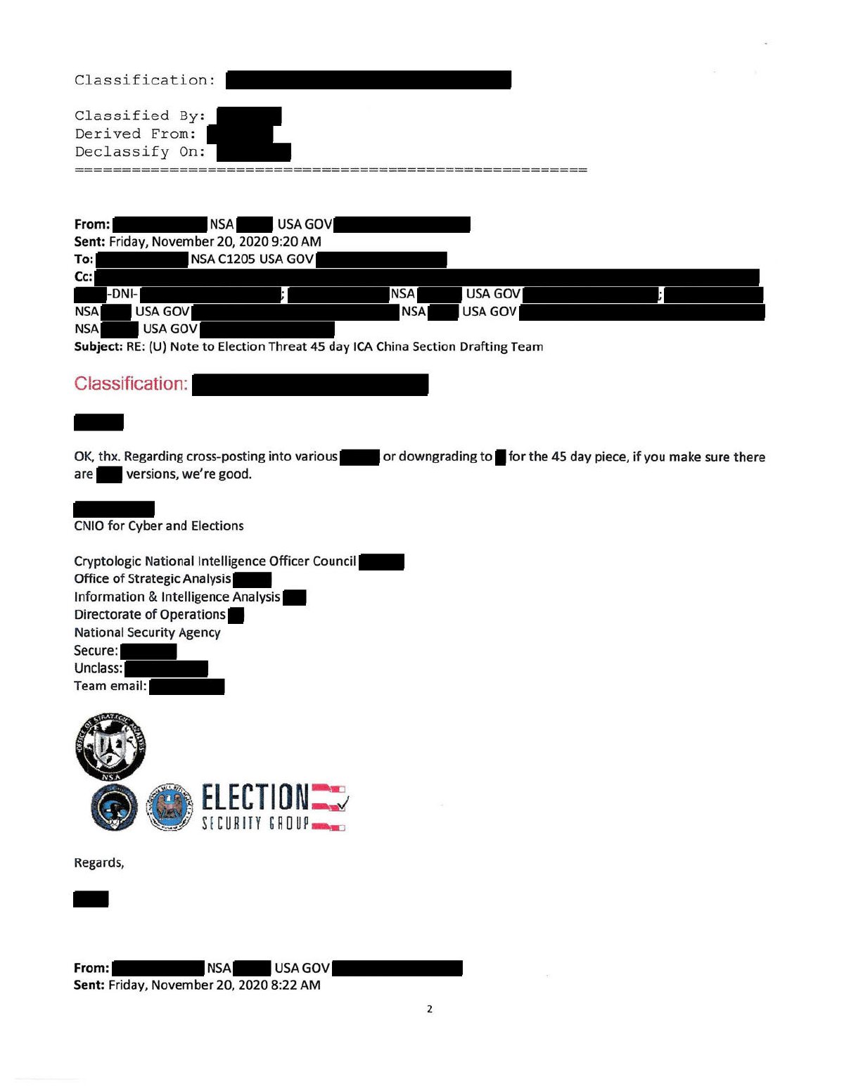 Scan of Email — NSA Deliberately Messaging Elections PDB (23 November 2020), page 2