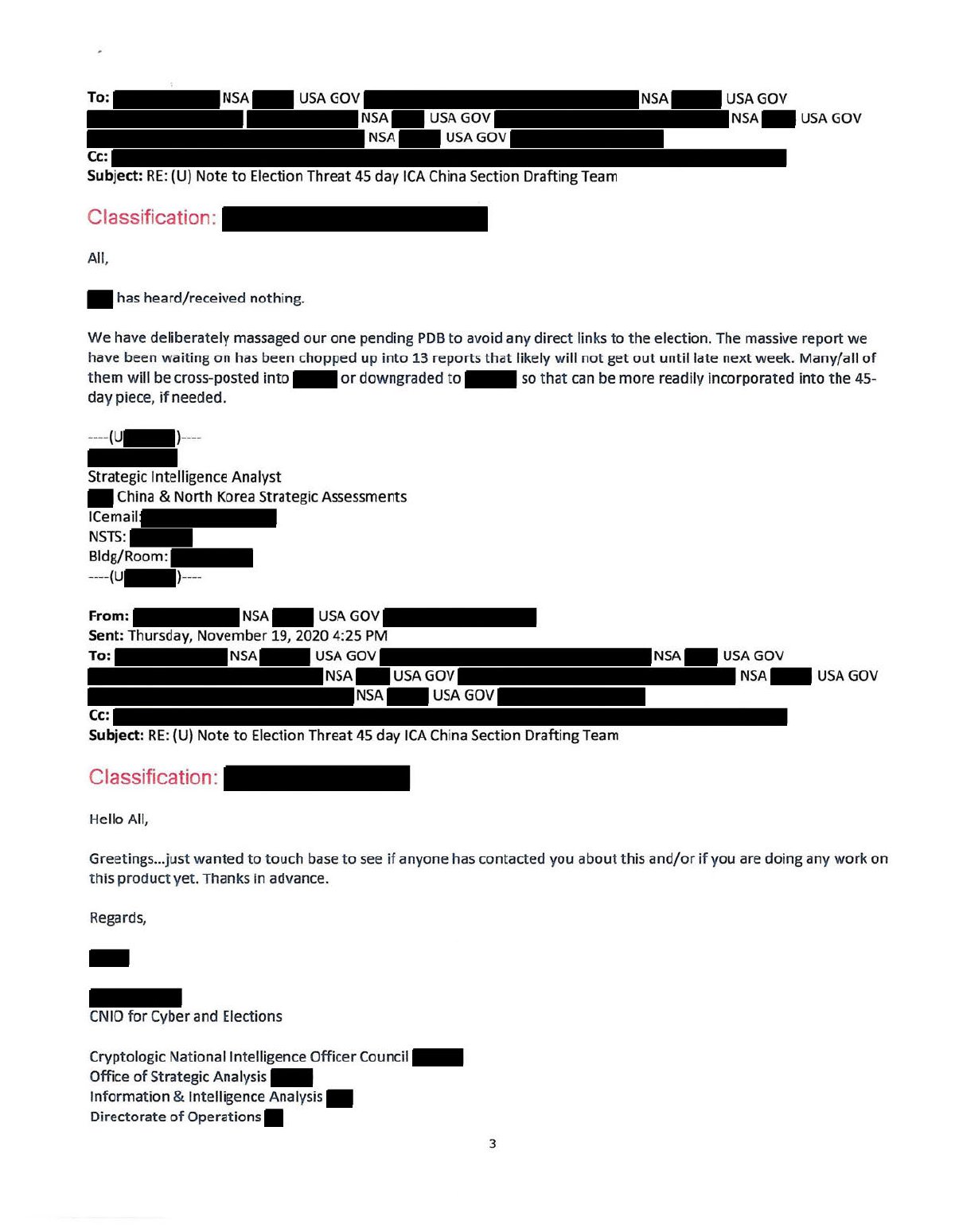Scan of Email — NSA Deliberately Messaging Elections PDB (23 November 2020), page 3