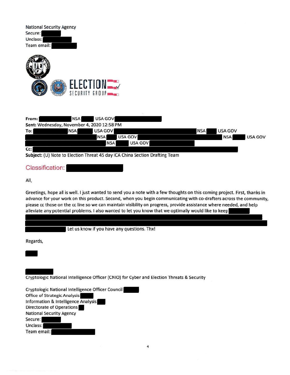 Scan of Email — NSA Deliberately Messaging Elections PDB (23 November 2020), page 4