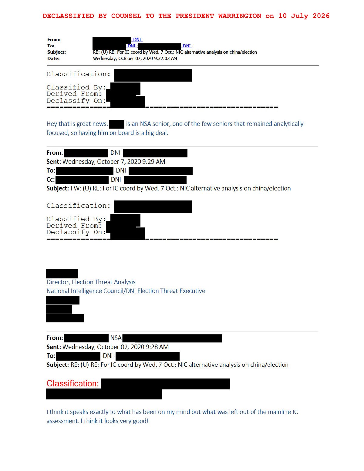 Scan of Email — For IC Coord by 7 Oct: NIC Alternative Analysis on China/Election (7 October 2020), page 1