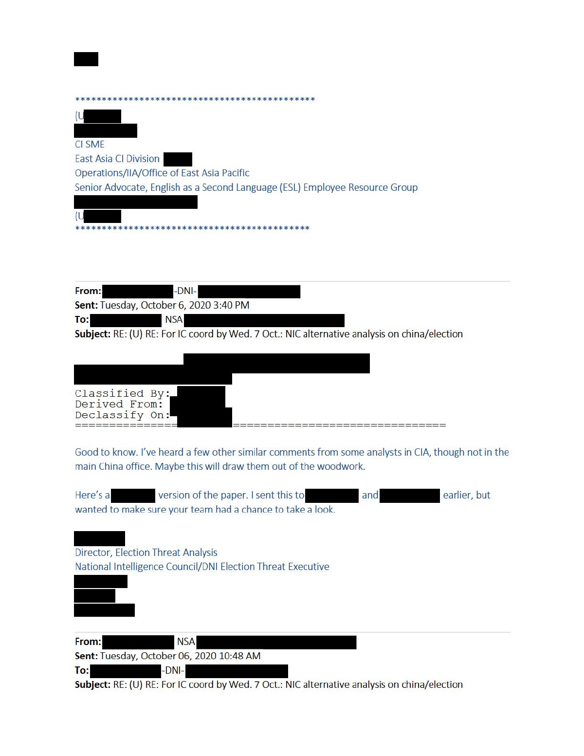 Scan of Email — For IC Coord by 7 Oct: NIC Alternative Analysis on China/Election (7 October 2020), page 2
