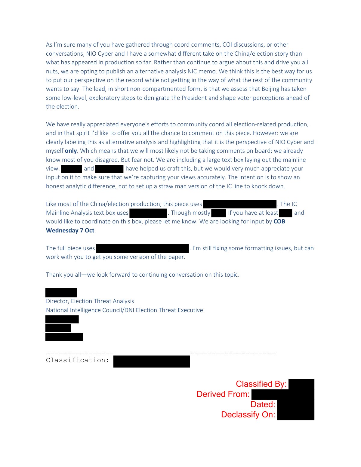 Scan of Email — For IC Coord by 7 Oct: NIC Alternative Analysis on China/Election (7 October 2020), page 7