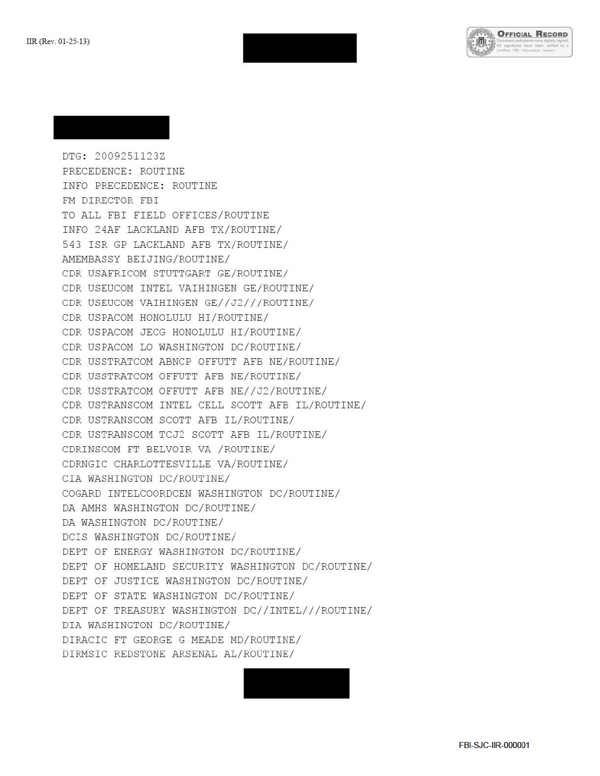 Scan of FBI Albany IIR — Chinese Fraudulent Drivers Licenses for Mail-in Votes (provided to Chairman Grassley), page 1