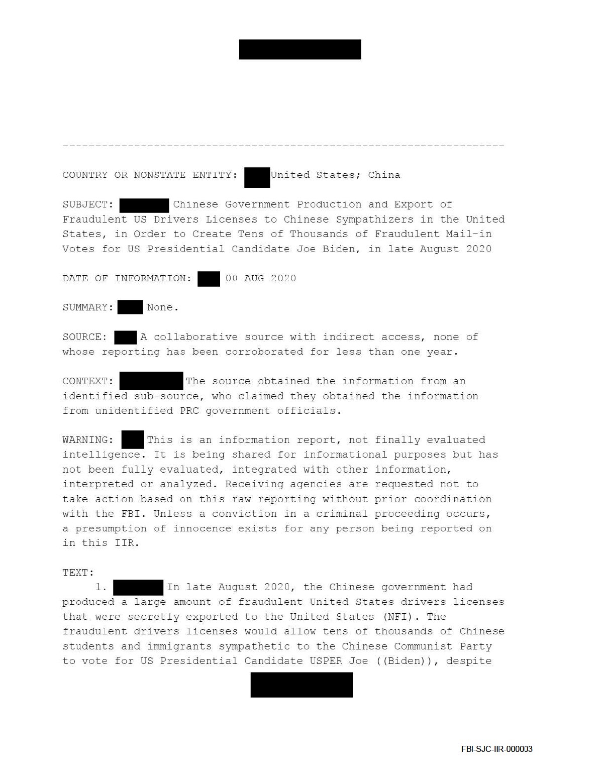 Scan of FBI Albany IIR — Chinese Fraudulent Drivers Licenses for Mail-in Votes (provided to Chairman Grassley), page 3