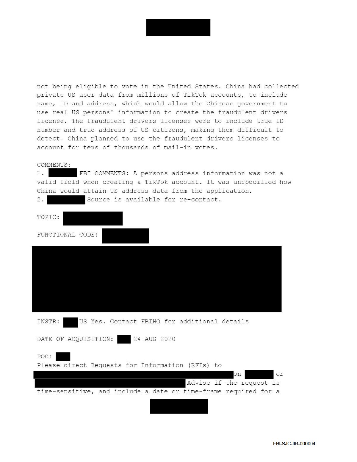 Scan of FBI Albany IIR — Chinese Fraudulent Drivers Licenses for Mail-in Votes (provided to Chairman Grassley), page 4