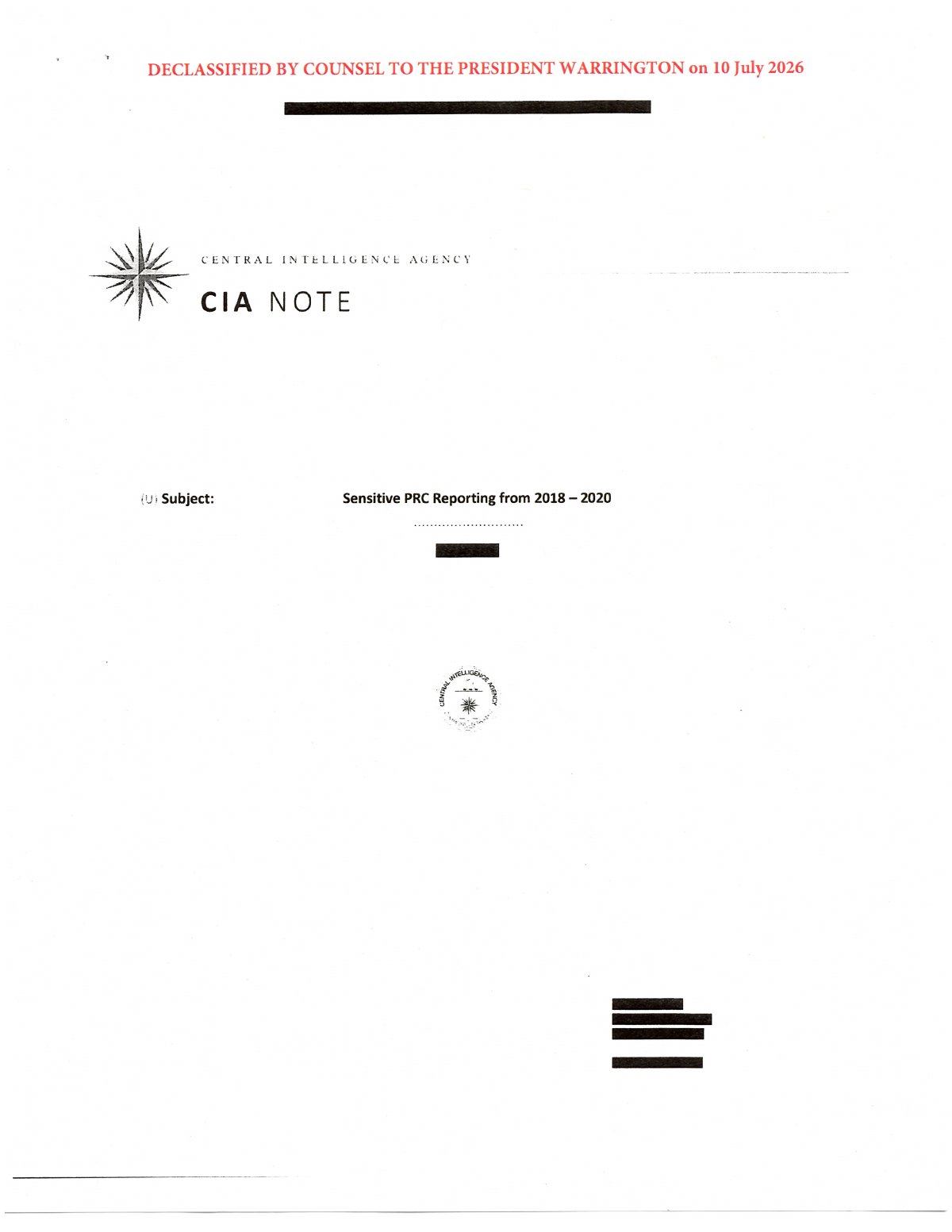 Scan of CIA Note — Sensitive PRC Reporting from 2018-2020, page 1
