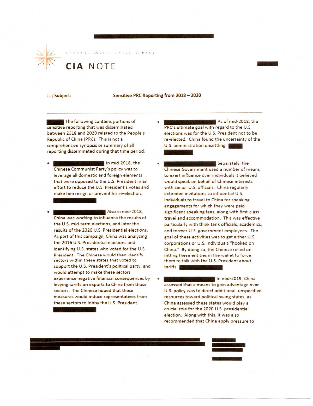 Scan of CIA Note — Sensitive PRC Reporting from 2018-2020, page 2