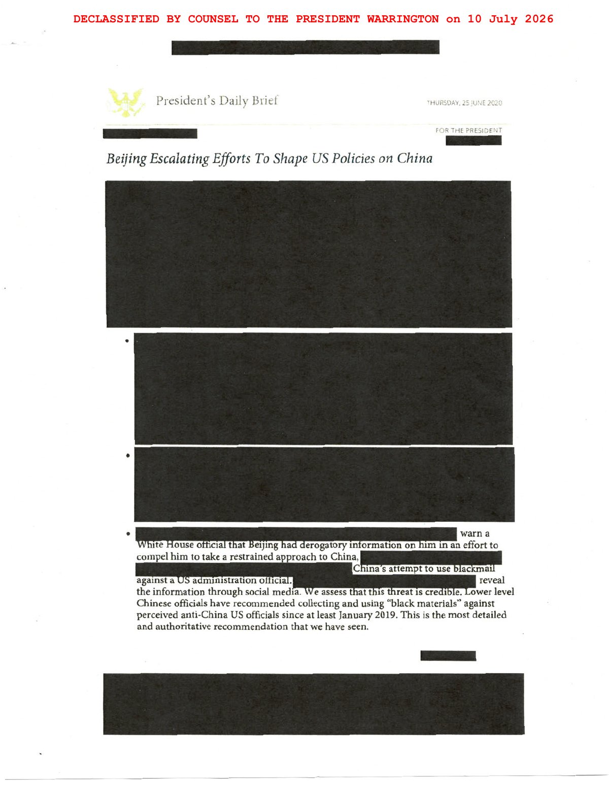 Scan of President's Daily Brief, 25 June 2020 — Beijing Escalating Efforts To Shape US Policies on China, page 1