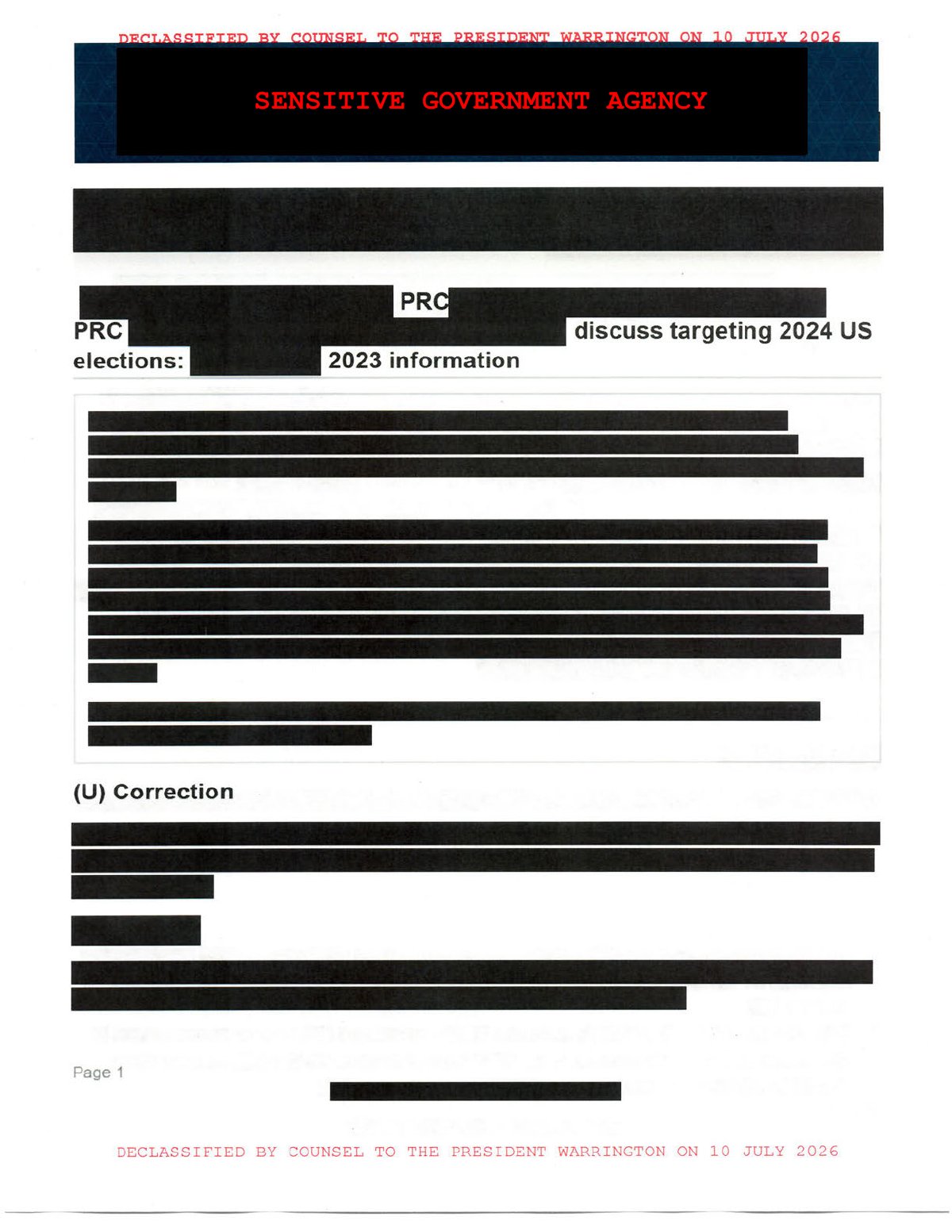 Scan of PRC Discussion of Targeting the 2024 U.S. Elections (2023 Reporting), page 1
