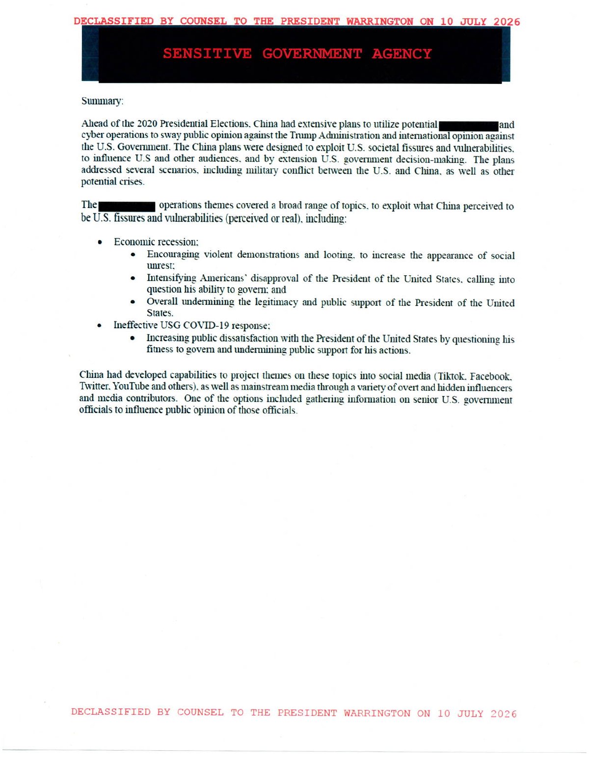 Scan of Summary (Part 1) — China's 2020 Election Influence Plans (Economic/COVID Themes), page 1