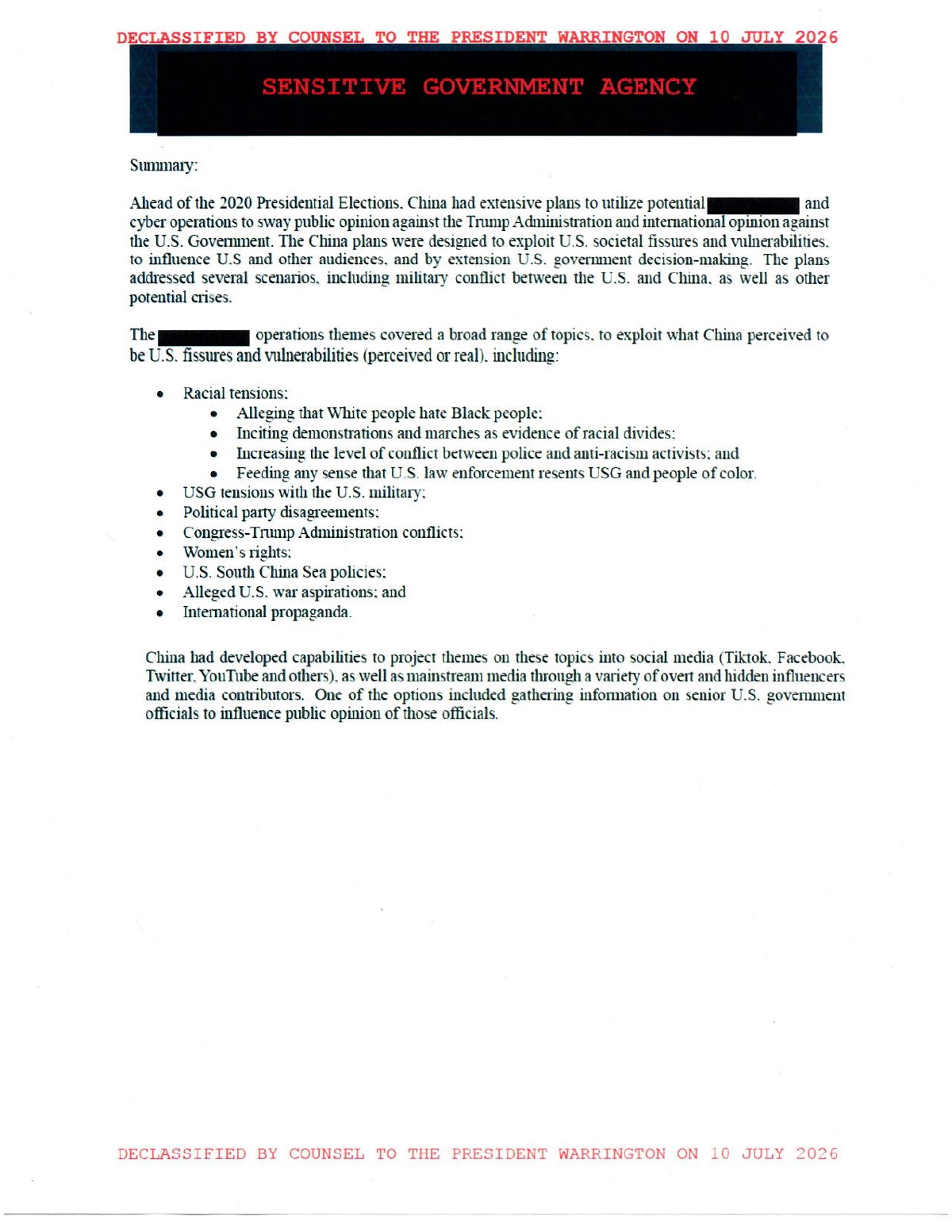 Scan of Summary (Part 2) — China's 2020 Election Influence Plans (Racial/Political/Military Themes), page 1