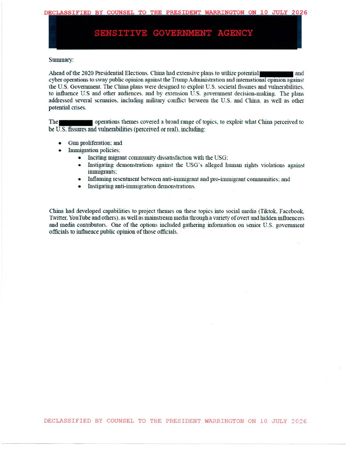 Scan of Summary (Part 3) — China's 2020 Election Influence Plans (Gun/Immigration Themes), page 1