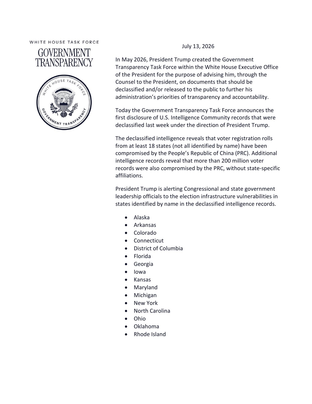 Scan of White House Government Transparency Task Force — States Statement (13 July 2026), page 1