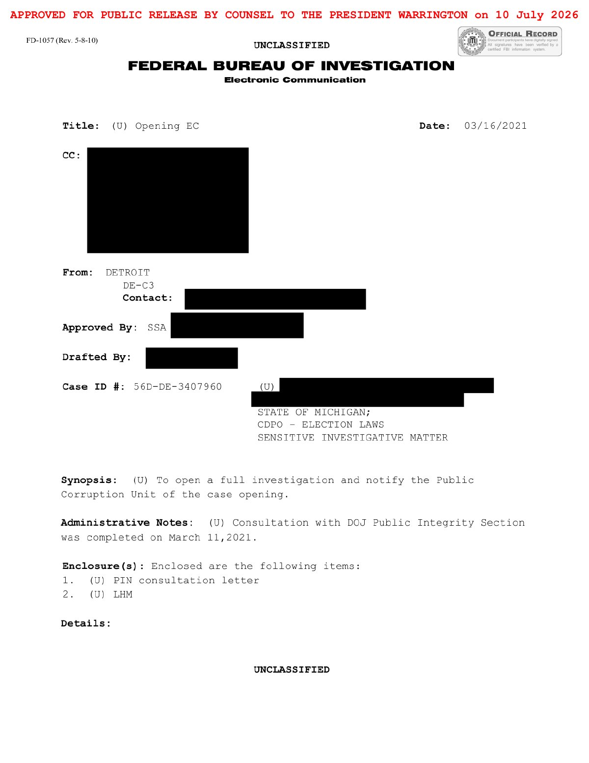 Scan of Opening Electronic Communication (Full Investigation), page 1