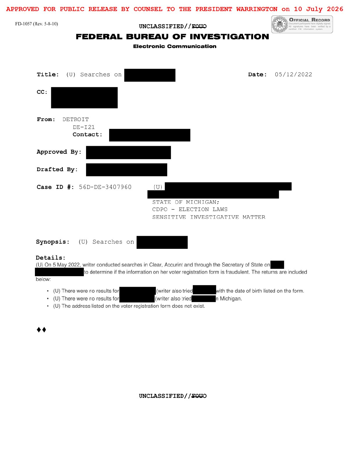 Scan of Fake Voter Database-Check Memo 3, page 1