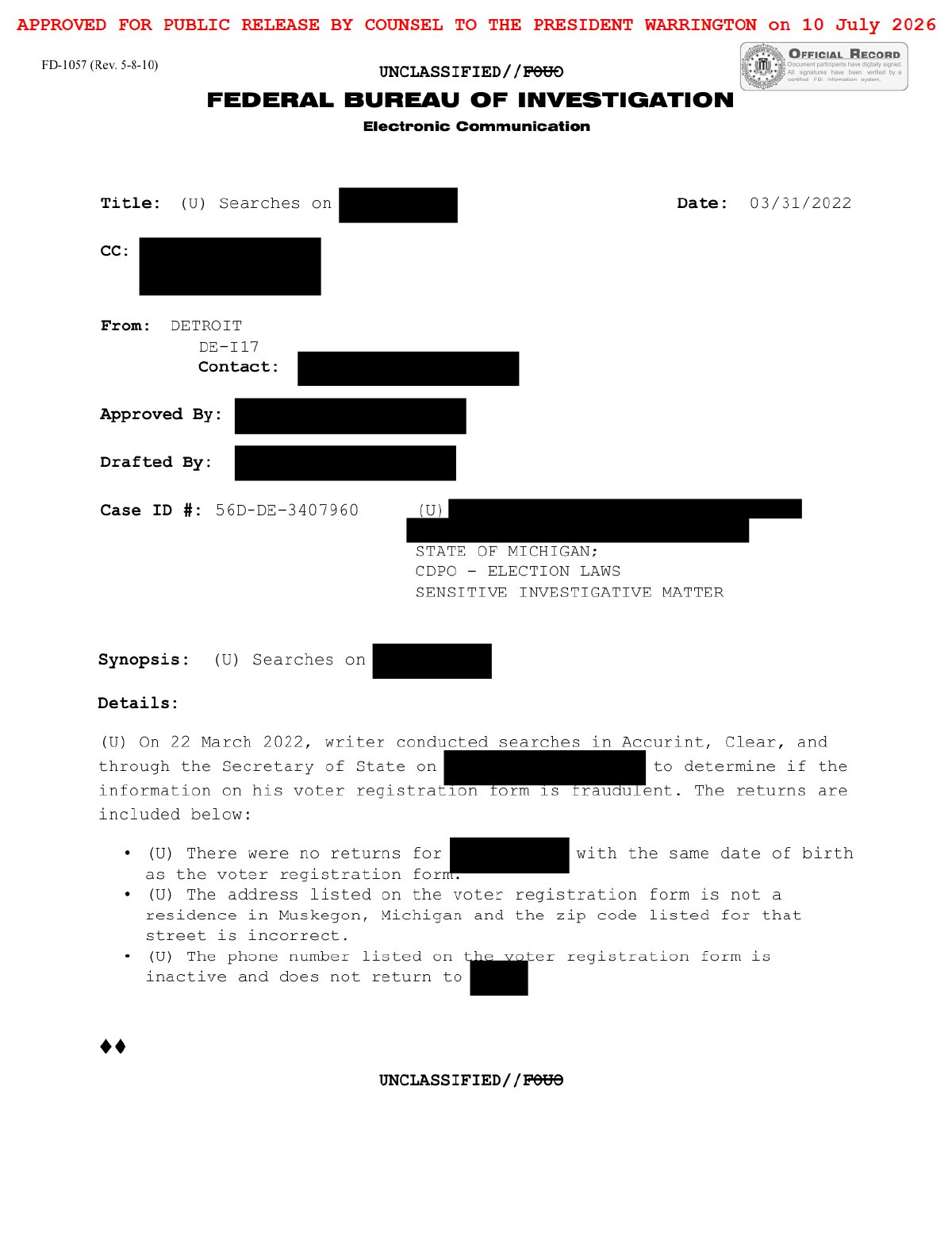 Scan of Fake Voter Database-Check Memo 1, page 1