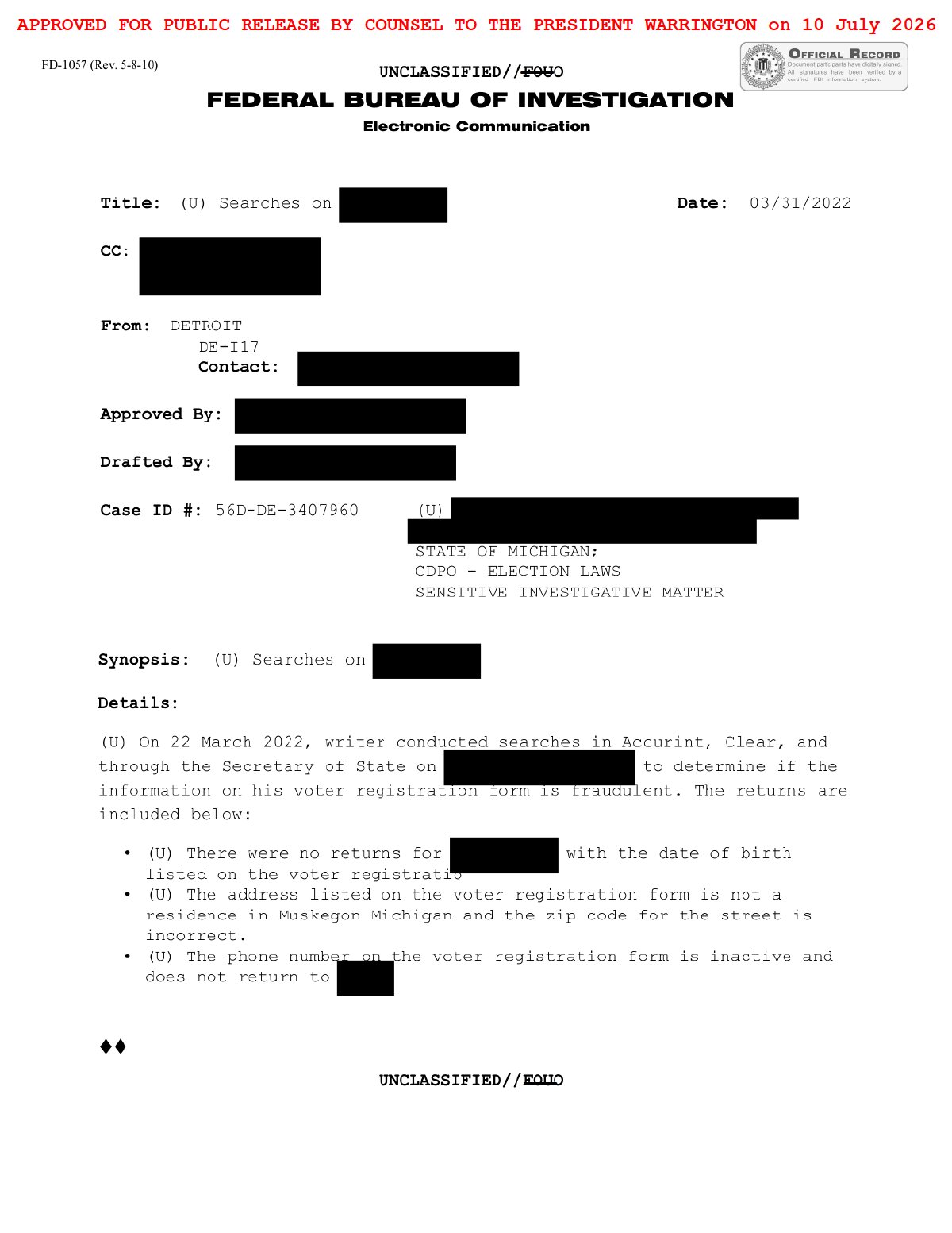 Scan of Fake Voter Database-Check Memo 2, page 1