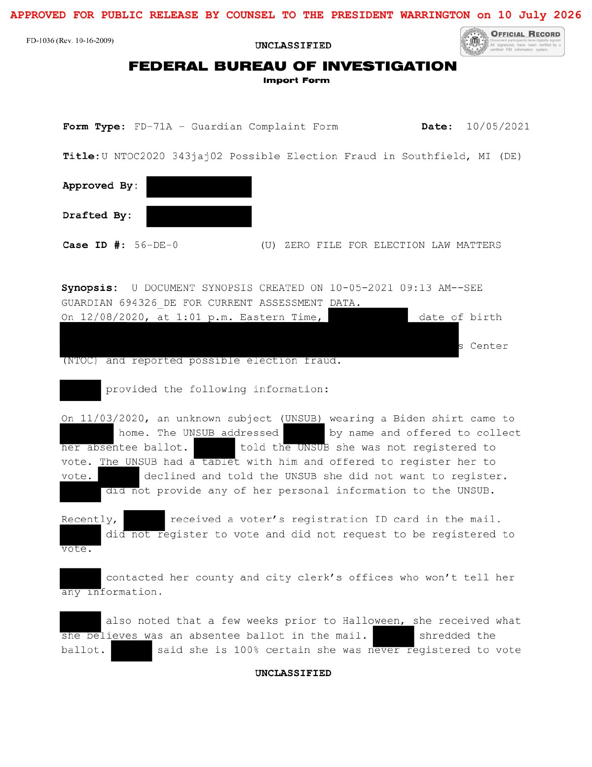 Scan of Voter Confirms She Did Not Register But Received Ballot (Southfield), page 1