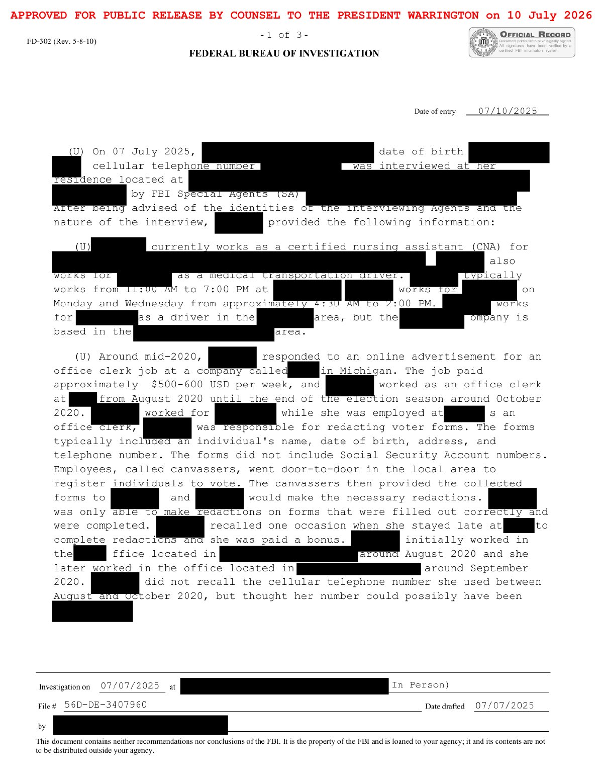 Scan of Office Clerk Interview — Gift Cards / "Suppress Trump" (2025), page 1