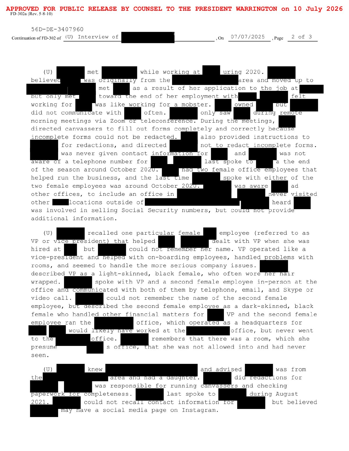 Scan of Office Clerk Interview — Gift Cards / "Suppress Trump" (2025), page 2