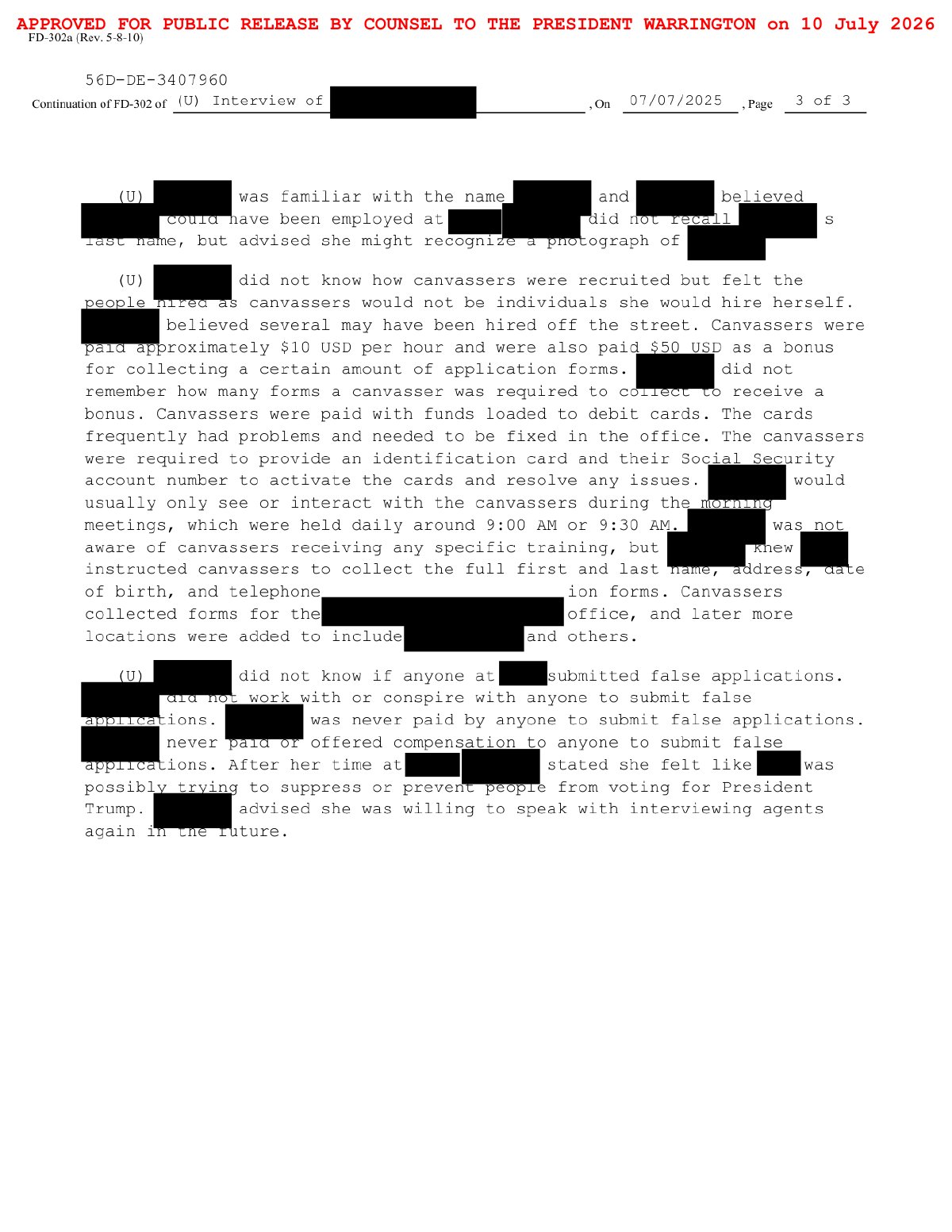 Scan of Office Clerk Interview — Gift Cards / "Suppress Trump" (2025), page 3
