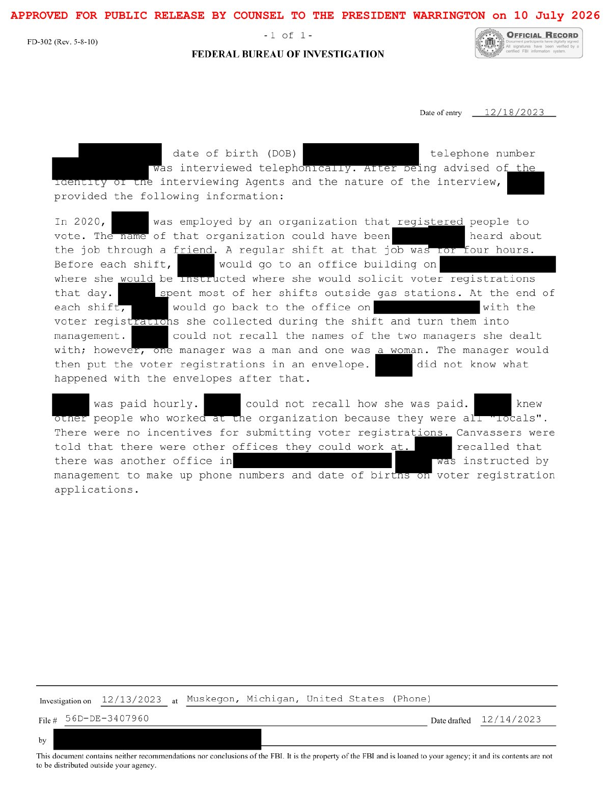 Scan of Canvasser Interview — Other States / Make Up Phone Numbers and DOBs, page 1