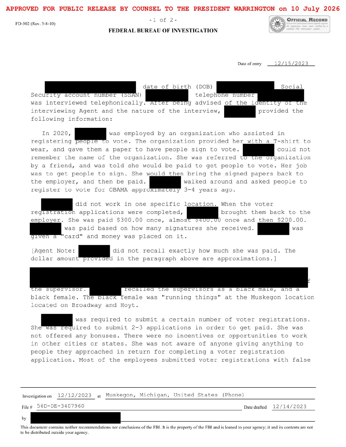 Scan of Canvasser Interview — Paid By Registration; Others Falsified, page 1
