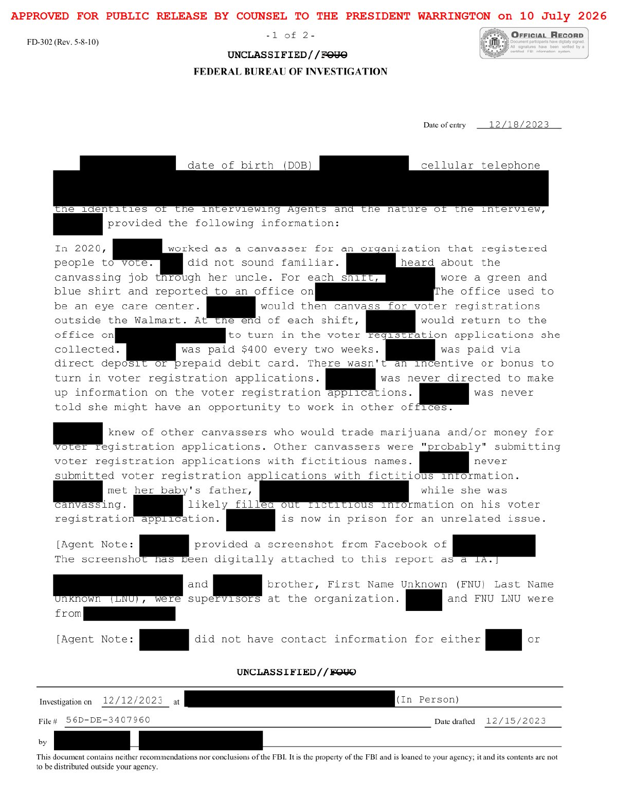 Scan of Canvasser Interview — Pot/Money For Registrations, page 1