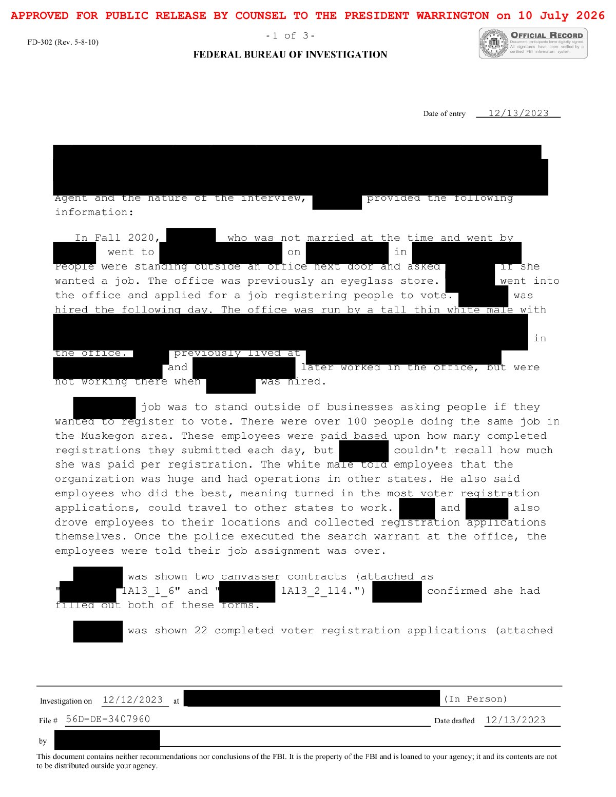 Scan of Canvasser Interview — Widespread Fake Registrations, page 1
