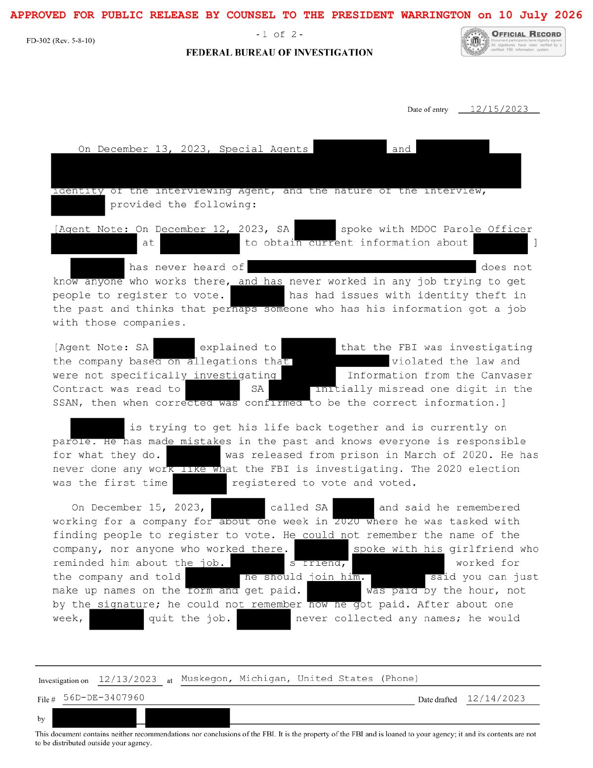 Scan of Worker Interviews — Sit In Car / Make Up Names, page 1