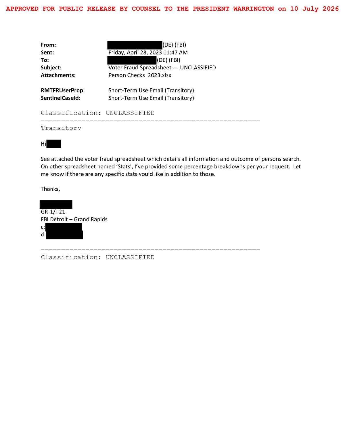 Scan of Voter Fraud Spreadsheet Transmittal Email, page 1