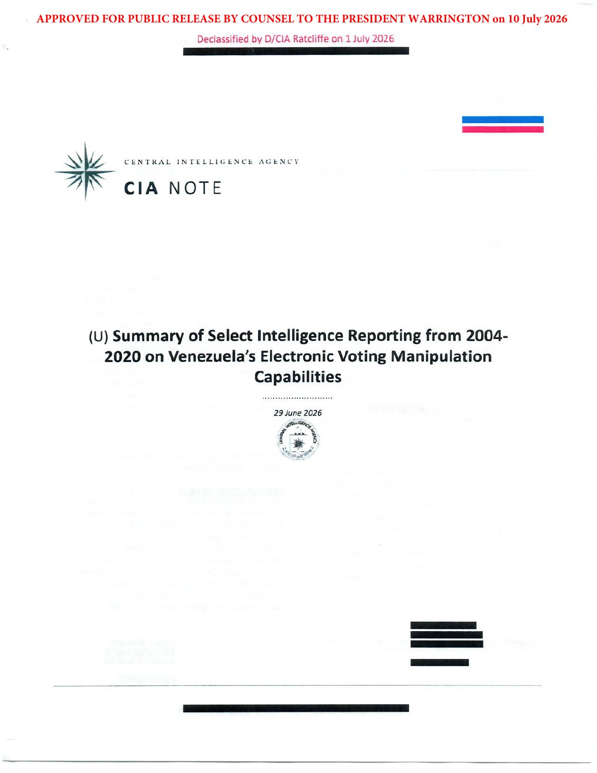 Scan of Summary of Select Intelligence Reporting from 2004-2020 on Venezuela's Electronic Voting Manipulation Capabilities, page 1