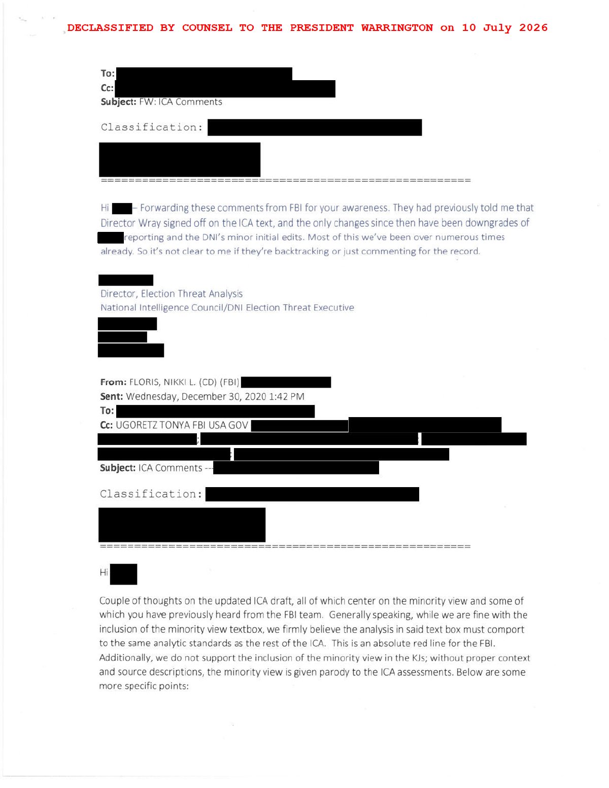 Scan of Email — "FW: ICA Comments" / Comments Re Minority View (30 Dec 2020), page 1