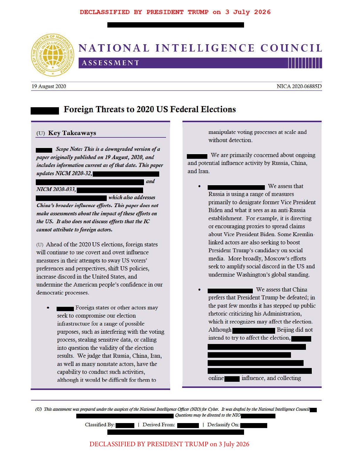 Scan of Foreign Threats to 2020 US Federal Elections (NICA), page 1