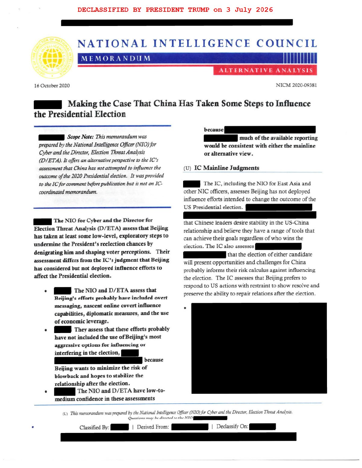 Scan of Making the Case That China Has Taken Some Steps to Influence the Presidential Election (NICM — Alternative View), page 1